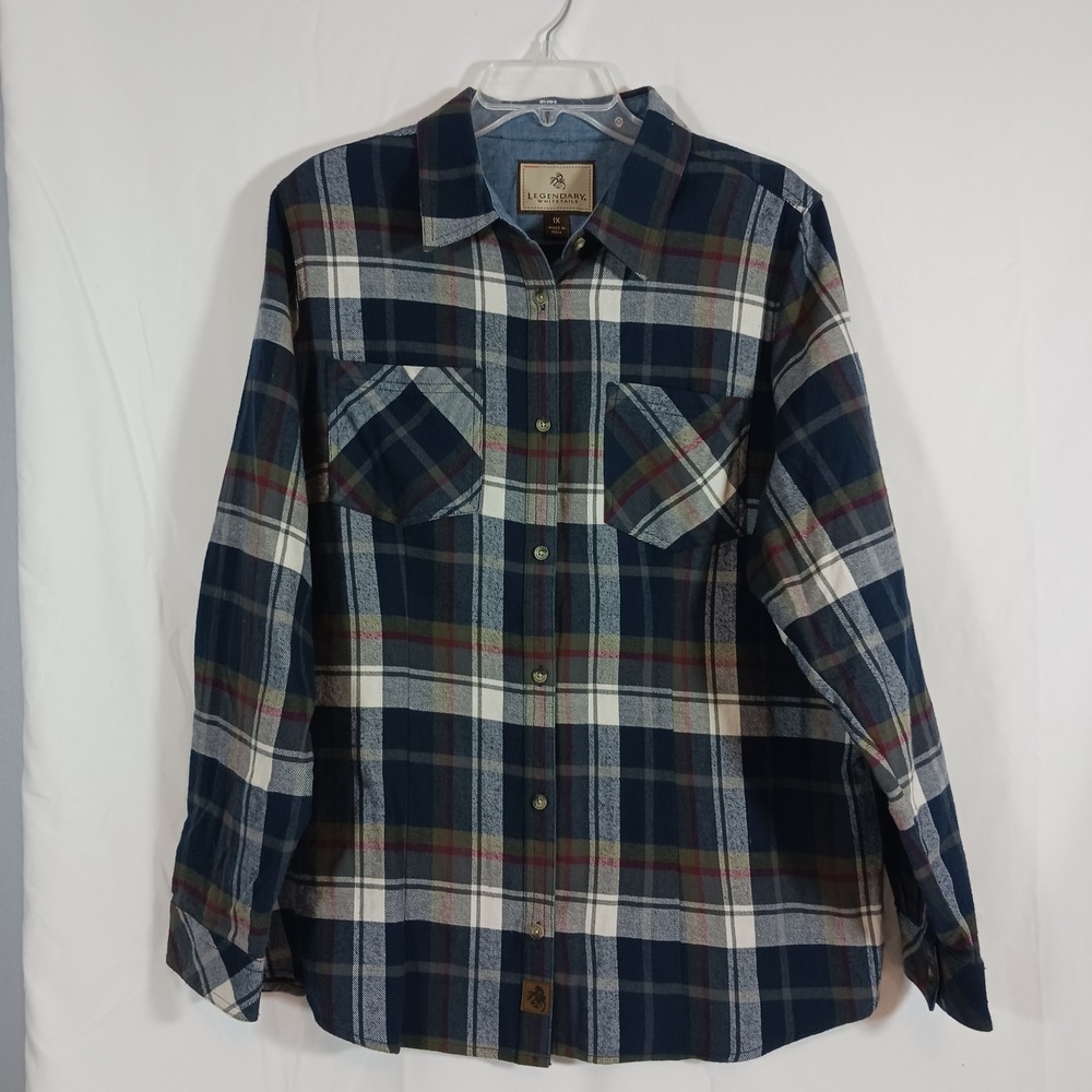 Legendary Whitetails Flannel Shirt Womens 1X Blue Plaid Excellent Cotton Button